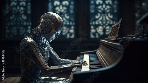 Robot playing piano. Ai with a musical instrument. Futuristic concept technology generative ai.