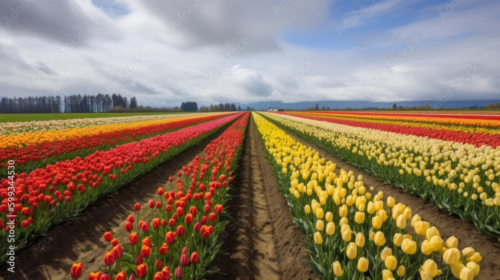 Endless Colorful Vibrant Tulip Field with Blue Skies and Puffy Clouds A Spring Landscape