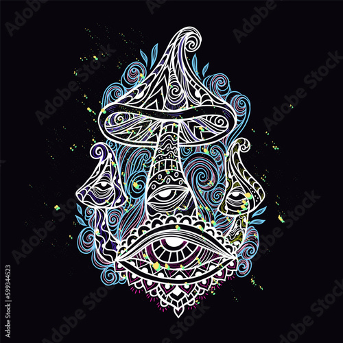 Magic Mushrooms. Vector illustration. Mushrooms hippie psychedelic style.