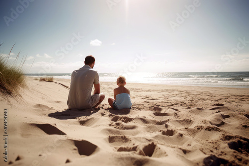 Fathers day. Parent with his little kid playing on a sandy beach  by the sea  summer vacation. Generative AI