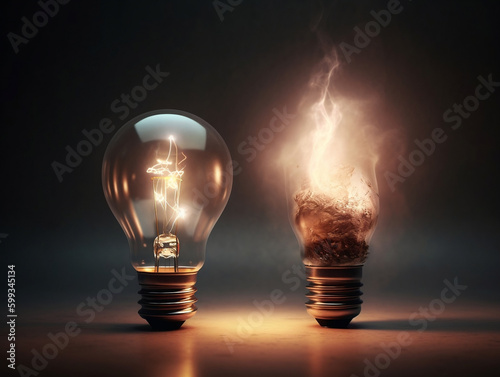 2 light bulb on black background. one light bulb burned out. a reference to burnout at work or ideas. AI generation