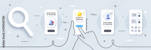 Financial app, Sale megaphone and Making money line icons pack. Phone screen mockup with 3d star, alert and chat message. Report statistics, Discounts cart, Euro money web icon. Vector