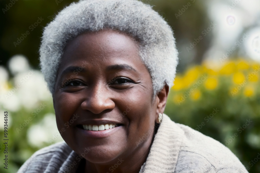 Portrait of the smiling overweight senior black grandmother with satisfaction on face preparing soil for planting at early morning. Concept of ecological environment. Generative AI Portrait of the smiling overweight senior black grandmother with satisfaction on face preparing soil for planting at early morning. Concept of ecological environment. Generative AI