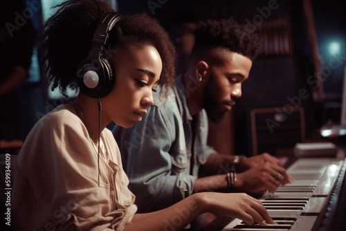 African American youth composing music at the piano in a studio. generative ai