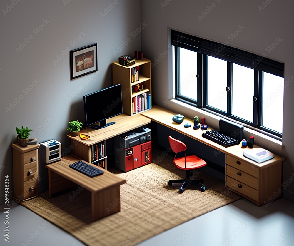 isometric view of a modern office with a window and chairs