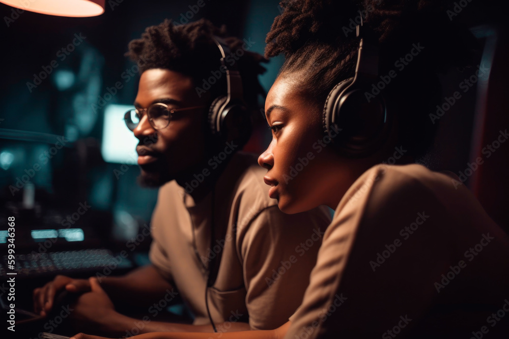 Young Afro-Americans with headphones in studio. generative ai Young Afro-Americans with headphones in studio. generative ai