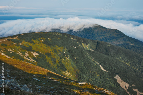 Fototapeta Naklejka Na Ścianę i Meble -  Mountain landscape. Scenic view of mountain peaks, slopes, hills and valleys covered with foggy slopes and valleys. Panoramic view