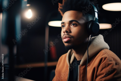 Afro-American man with headphones, soft light. generative ai