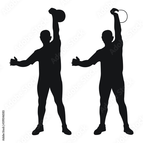 Set silhouettes athletes weight lifter lift kettlebell, weights. Weight lifting. Pull, push, bench press
