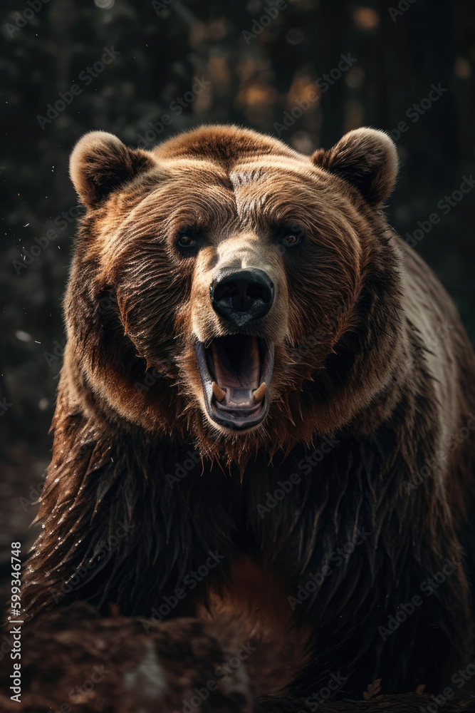 Brown bear in the wild. Kamchatka Forest. Wild Grizzle bear roaring aggressively running towards camera generative ai Brown bear in the wild. Kamchatka Forest. Wild Grizzle bear roaring aggressively running towards camera generative ai