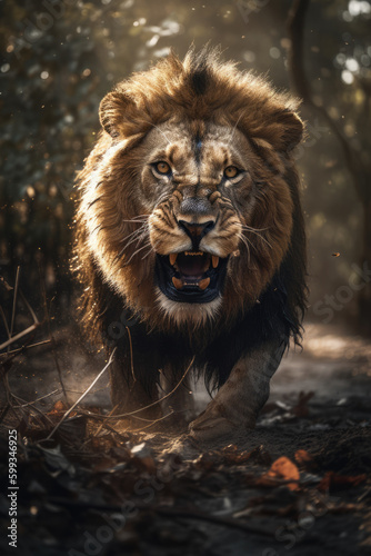 Wild lion roaring aggressively. Jungle forest savannah running generative ai