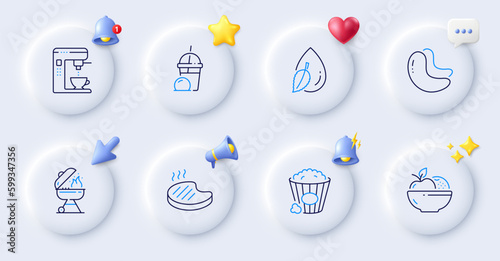 Water drop, Grilled steak and Coffee maker line icons. Buttons with 3d bell, chat speech, cursor. Pack of Grill, Ice cream milkshake, Cashew nut icon. Fruits, Popcorn pictogram. Vector