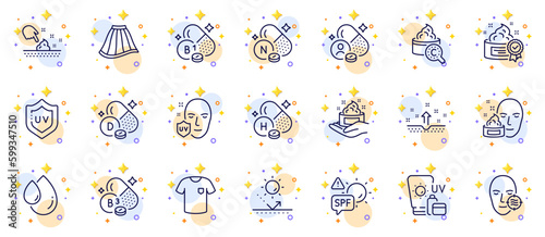 Outline set of Face cream, Problem skin and Sunscreen line icons for web app. Include Skirt, Vitamin h, Vitamin d pictogram icons. Collagen skin, Uv protection, T-shirt signs. Vector