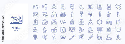 A collection sheet of outline icons for Medical and Hospital, including icons like Ambulance, Atom, Blood, Bone and more