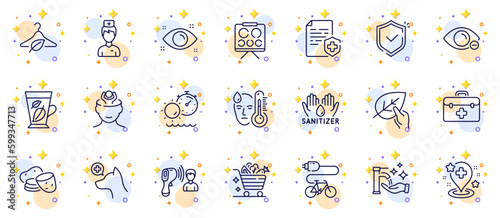Outline set of Hospital, Stress and Slow fashion line icons for web app. Include Doctor, Washing hands, Shield pictogram icons. Electric bike, Fever, Veterinary clinic signs. Vector
