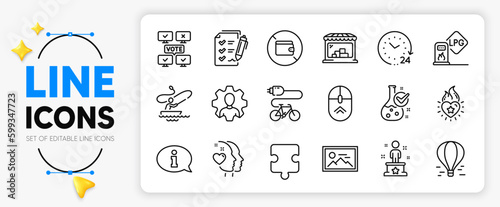 Heart flame, Chemistry lab and Swipe up line icons set for app include Professional, Information, Wallet outline thin icon. Boat fishing, Online voting, Electric bike pictogram icon. Vector