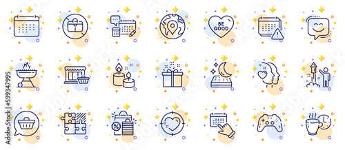 Outline set of Notification, Calendar and Puzzle game line icons for web app. Include Mattress, Shopping cart, Aroma candle pictogram icons. Special offer, Account, Grill signs. Vector