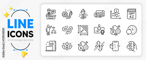 Certificate, Dollar rate and Bitcoin chart line icons set for app include Vocabulary, Digestion, Device outline thin icon. Fireworks, Chart, Engineering pictogram icon. Update time. Vector
