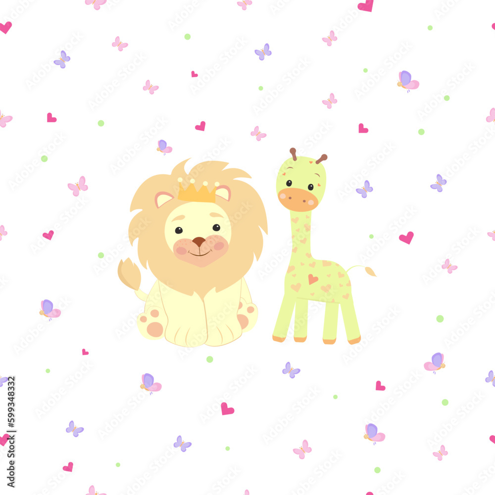Seamless pattern with a giraffe and lion with hearts and butterflies, blue, pink, for babe Seamless pattern with a giraffe and lion with hearts and butterflies, blue, pink, for babe