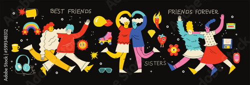 Best friends cocept illustration. Vector illustration of multicultural girls and multicultural friendship. Happy friendship day. Teenage girl friends hugging and having fun.