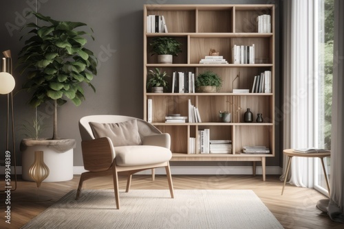 Cozy Scandinavian Living Room with Bookshelf and Armchair © Georg Lösch