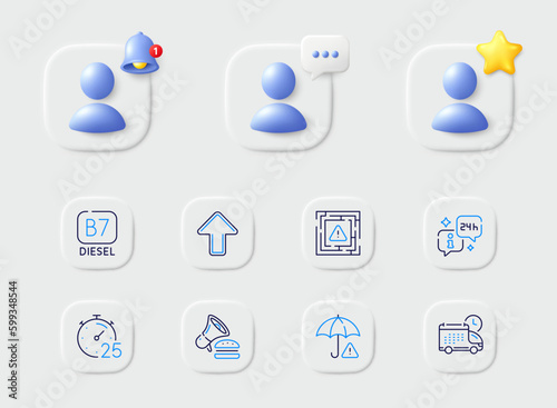 Burger, Info and Diesel line icons. Placeholder with 3d star, reminder bell, chat. Pack of Risk management, Delivery, Maze attention icon. Timer, Upload pictogram. For web app, printing. Vector