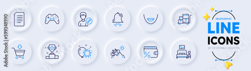 Balloon dart, Online market and Document line icons for web app. Pack of Winner cup, Clock bell, Edit person pictogram icons. Furniture, Inventory cart, Chin signs. Gamepad. Neumorphic buttons. Vector