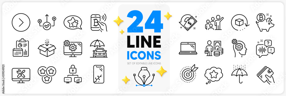 Icons set of Wallet, Return package and Voicemail line icons pack for app with Laptop, Stars, Forward thin outline icon. Report, Get box, Star pictogram. Bitcoin coin, Loyalty star. Vector