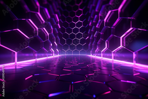 Neon glowing purple environment hexagon. Corporate futuristic internet software technology wallpaper.