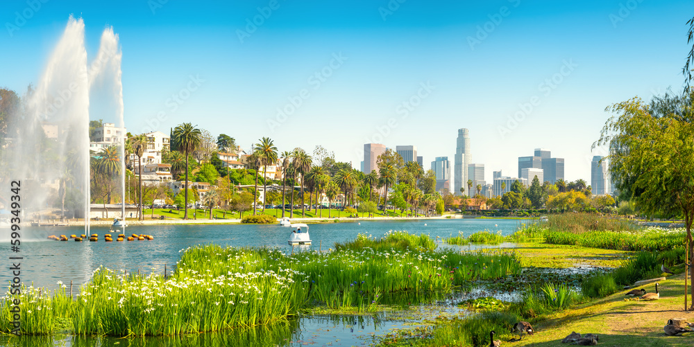 the beautiful echo park of los angeles with the skyline in the background