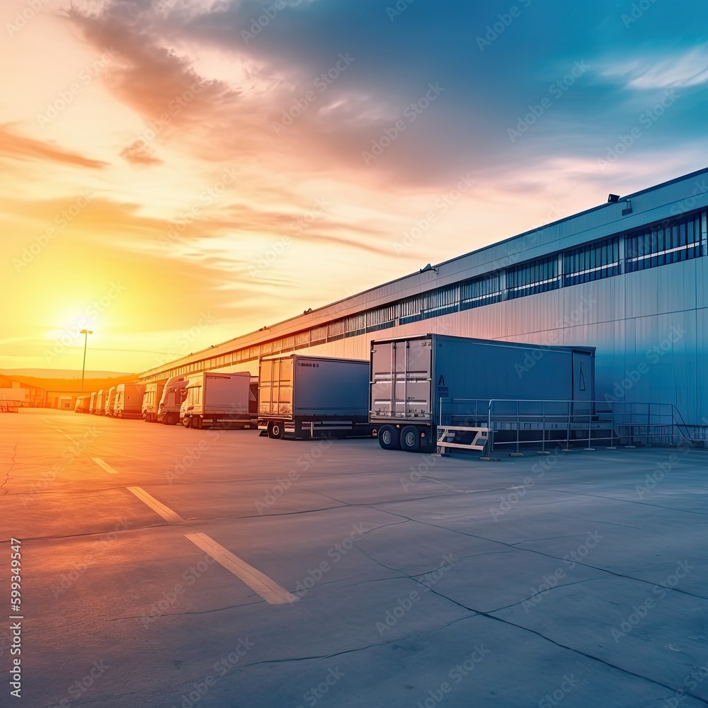 Innovative modern logistics warehouse center complex building exterior bay gate semi-trailer unloading goods distribuition warm blue sunset sky background created with Generative AI technology - obrazy, fototapety, plakaty 