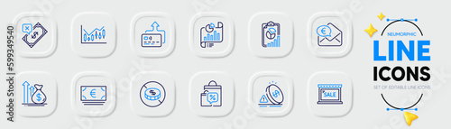 Inflation, Card and Financial diagram line icons for web app. Pack of Budget, Report, Sale bags pictogram icons. Sale, Rejected payment, Euro currency signs. Report document, Euro money. Vector