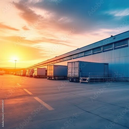 Foto Innovative modern logistics warehouse center complex building exterior bay gate semi-trailer unloading goods distribuition warm blue sunset sky background