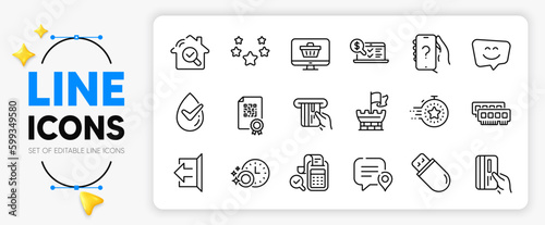 Stars, Bill accounting and Ram line icons set for app include Dermatologically tested, Smile face, Shield outline thin icon. Usb stick, Ask question, Credit card pictogram icon. Sign out. Vector
