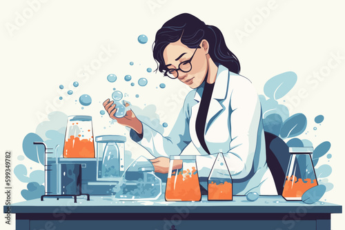 Scientist woman in lab coat and glasses making experiment in chemical laboratory. Vector illustration