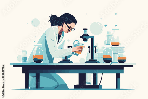 Scientist woman in lab coat and glasses making experiment in chemical laboratory. Vector illustration