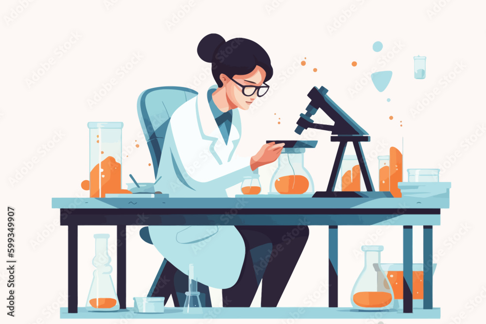 Scientist woman in lab coat and glasses making experiment in chemical laboratory. Vector illustration