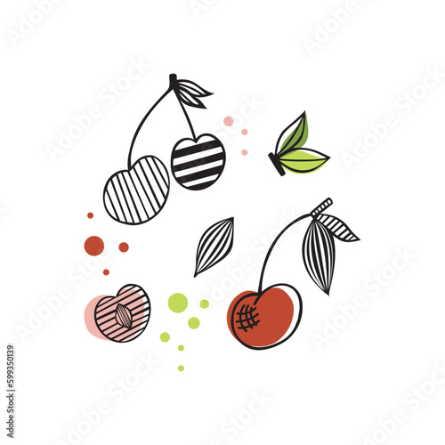 Flat vector icon of appetizing cherries. Abstract Sliced fruits, Abstract flat stickers, emblems and labels for orange fresh juice. Graphic design editable for your design. Isolated. EPS 10.