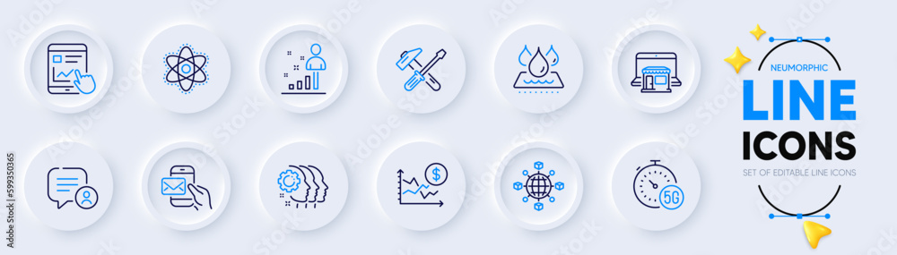 Internet report, Hammer tool and Logistics network line icons for web app. Pack of Chemistry atom, Messenger mail, Marketplace pictogram icons. Employees teamwork, Waterproof. Vector