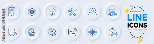 Internet report, Hammer tool and Logistics network line icons for web app. Pack of Chemistry atom, Messenger mail, Marketplace pictogram icons. Employees teamwork, Waterproof. Vector