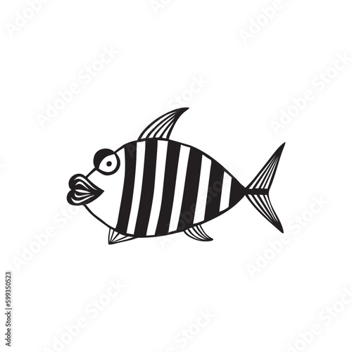 Stylized fishes. Aquarium fish. Ornamental fish. River fish. Sea fish. Children's drawing. Black and white drawing by hand. Line art. Set.