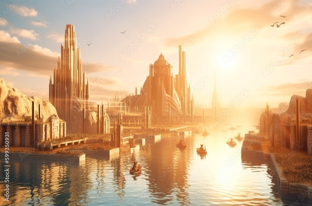 Fototapeta premium Fantasy city surrounded by river on the sunny landscape. Ancient castle in morning sun rays. Generated AI.