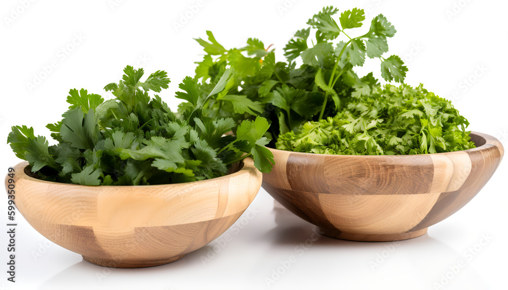 Fresh herbs in a wooden bowl: coriander, parsley, cilantro, and basil. Fresh herbs in a wooden bowl: coriander, parsley, cilantro, and basil.