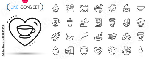 Pack of Salad, Wine glass and Cake line icons. Include Americano, Chef, Food delivery pictogram icons. Coffee delivery, Grill pan, Grill signs. Popcorn, Ice cream, Love coffee. Food app. Vector