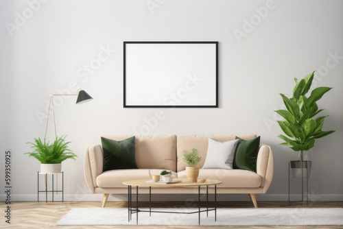 Scandinavian Living Room Elegance: Blank Poster Frame Mockup with Natural Light and Greenery © Georg Lösch