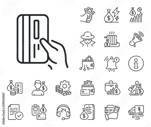 Hold Banking Payment card sign. Cash money, loan and mortgage outline icons. Credit card line icon. ATM service symbol. Payment card line sign. Credit card, crypto wallet icon. Vector