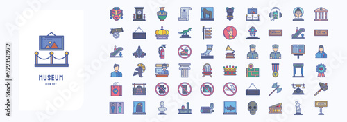 A collection sheet of linear color icons for Museum, including icons like African Mask, Ancient jar, Scroll, Art and more