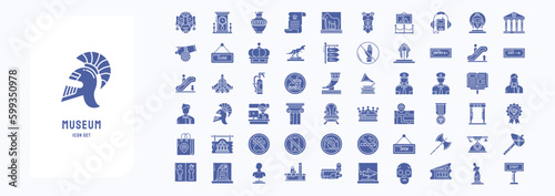 A collection sheet of solid icons for Museum, including icons like African Mask, Ancient jar, Scroll, Art and more