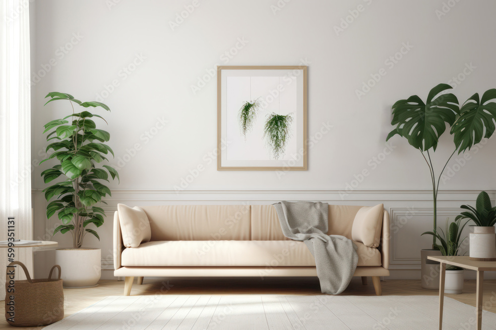 Scandinavian Living Room Elegance: Blank Poster Frame Mockup with Natural Light and Greenery