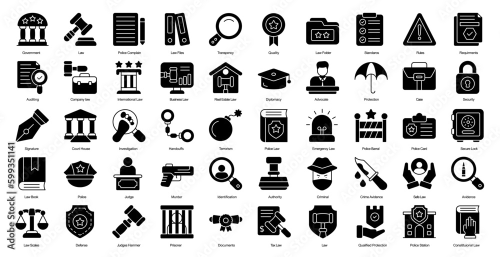 Law & Justice Glyph Icons Criminal Police Government Glyph Icons in Black